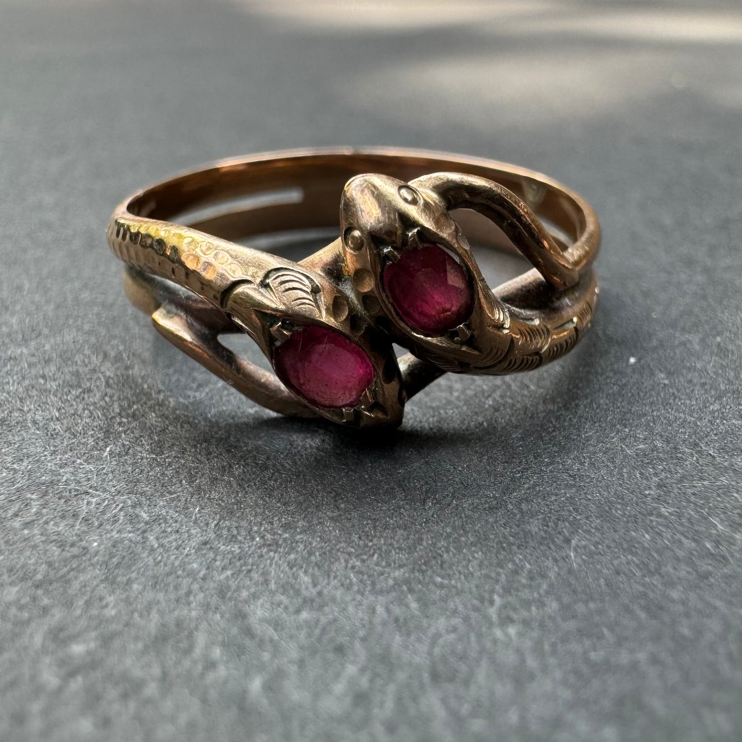 German Double 8k Snake Ring with Ruby Heads