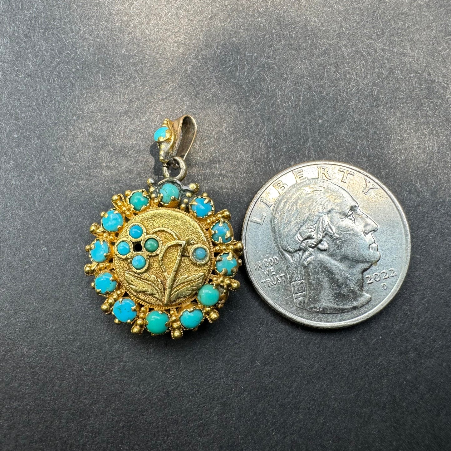 Mid Victorian 18k Gold & Turquoise Floral Open Back Locket