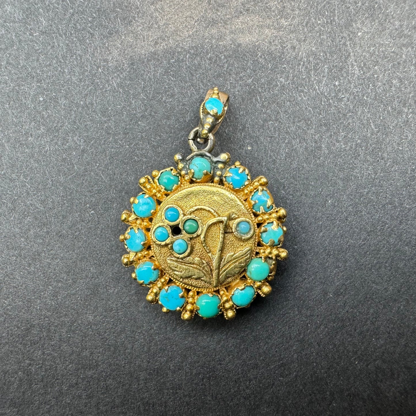 Mid Victorian 18k Gold & Turquoise Floral Open Back Locket