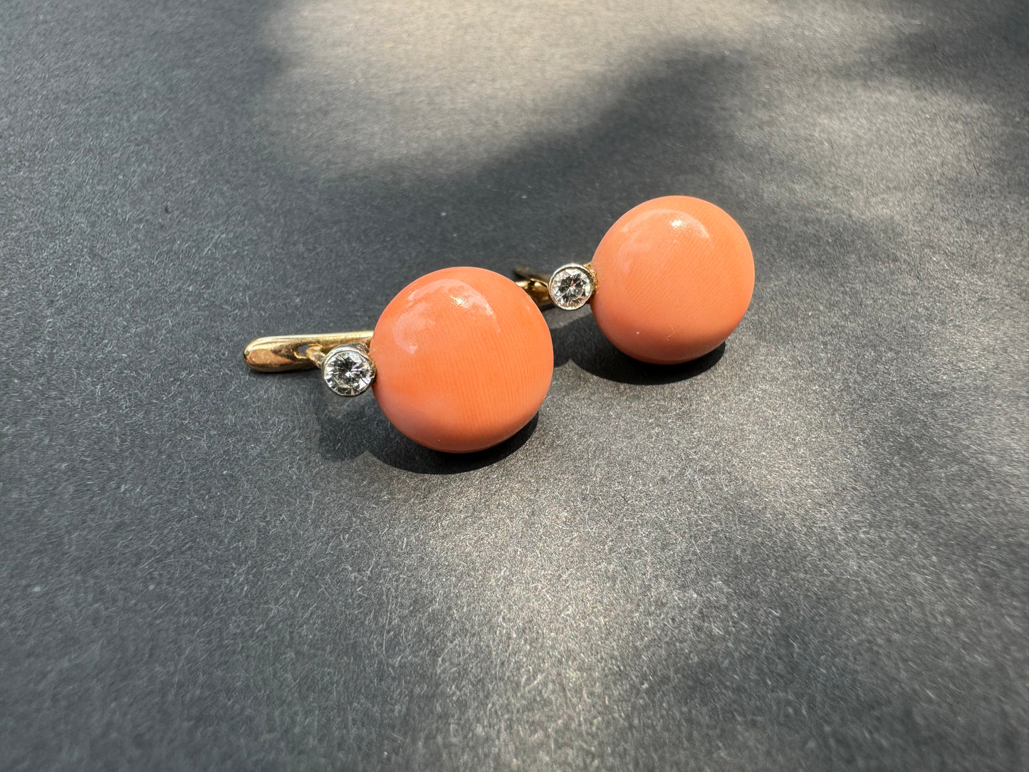18k Button Coral & Diamond French Leverback Earrings