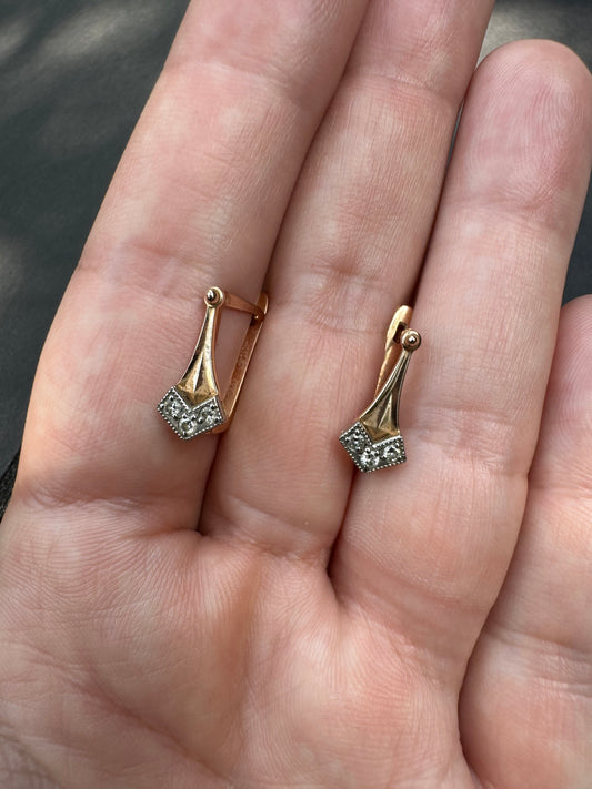 14k Vintage Eastern European Leverback Diamond Earrings