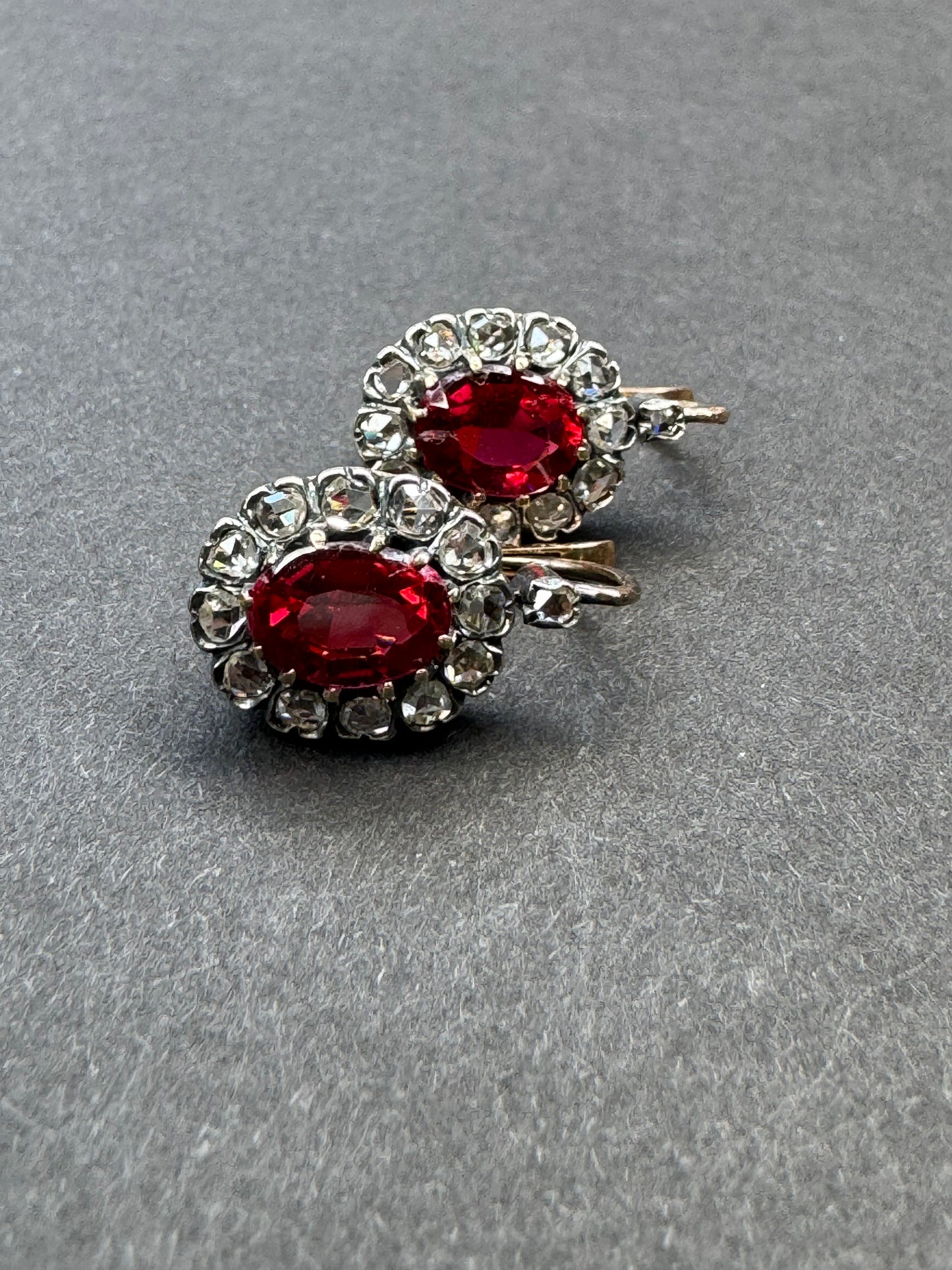 18k and Silver French Garnet and Rose Cut Diamond Lever Back Earrings