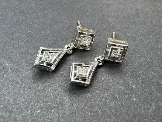 10k White Gold Depression Era Dangle Diamond Earrings