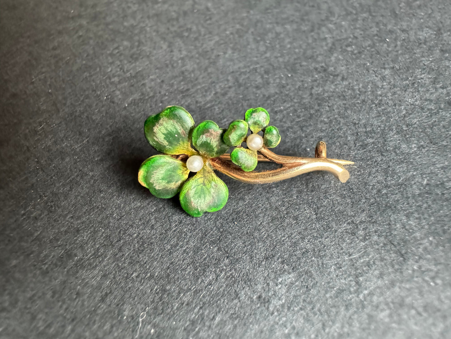 14k and Enamel Four Leaf Clover Brooch with 2 Seed Pearls