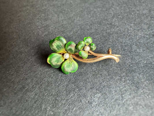 14k and Enamel Four Leaf Clover Brooch with 2 Seed Pearls