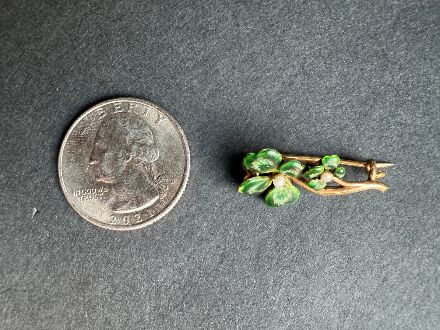 14k and Enamel Four Leaf Clover Brooch with 2 Seed Pearls