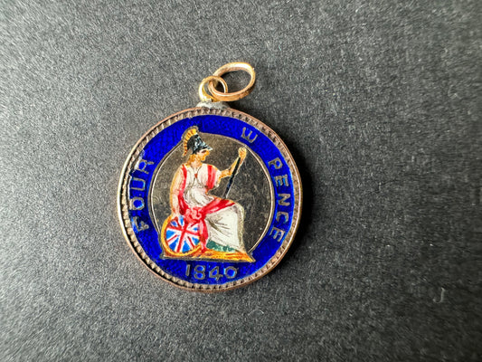 Bezel Set Four Pence with Enamel Coin Charm