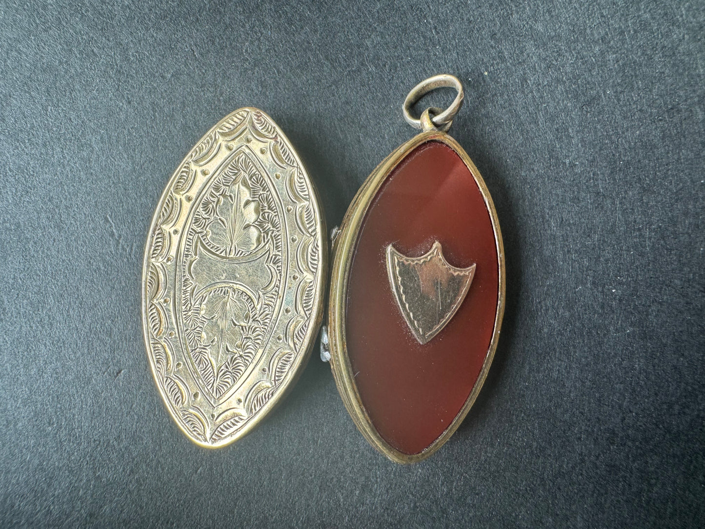 Carnelian and Gold Marquis Shaped Engraved Locket with Shield