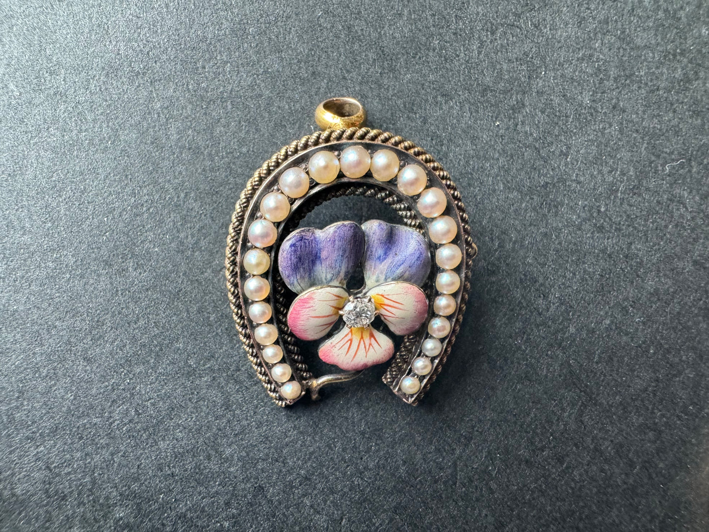 Enamel Pansy Pearl Horseshoe Pin/Pendant Combo