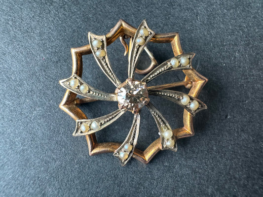 Seed Pearl and Cognac Diamond Starburst Pin/Pendant Combo