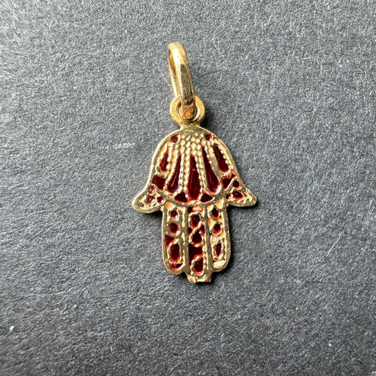 Filigree Gold and Red Enamel Hamsa Charm 18k