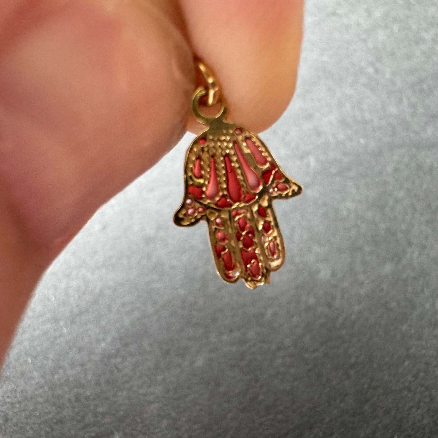 Filigree Gold and Red Enamel Hamsa Charm 18k