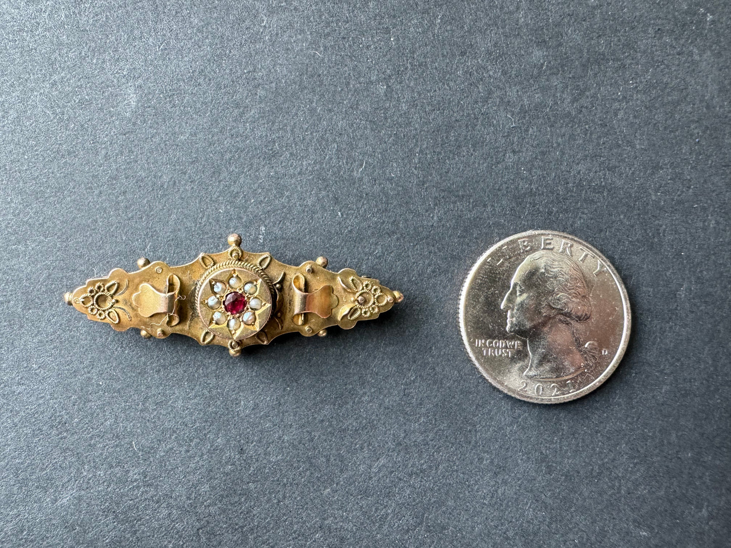 Garnet and Seed Pearl 9k Gold Brooch