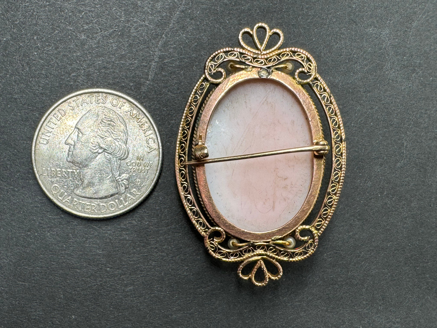 10k Filigree Framed Cameo with Pearl Details