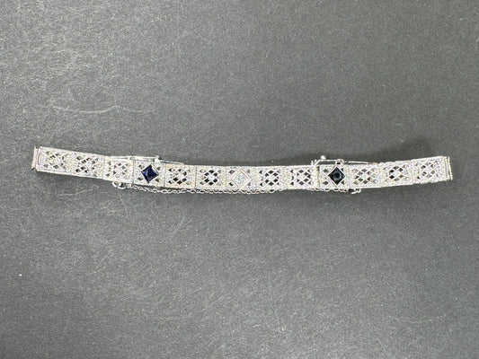1930s 14k White Gold Filigree Bracelet With Sapphire + Diamond