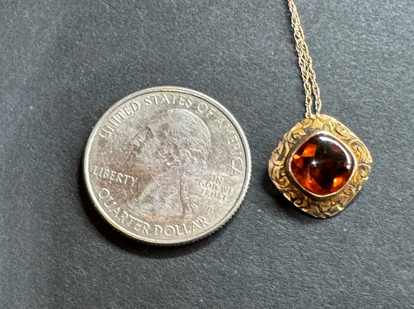14k Arts & Crafts Engraved Citrine Pendant and Chain