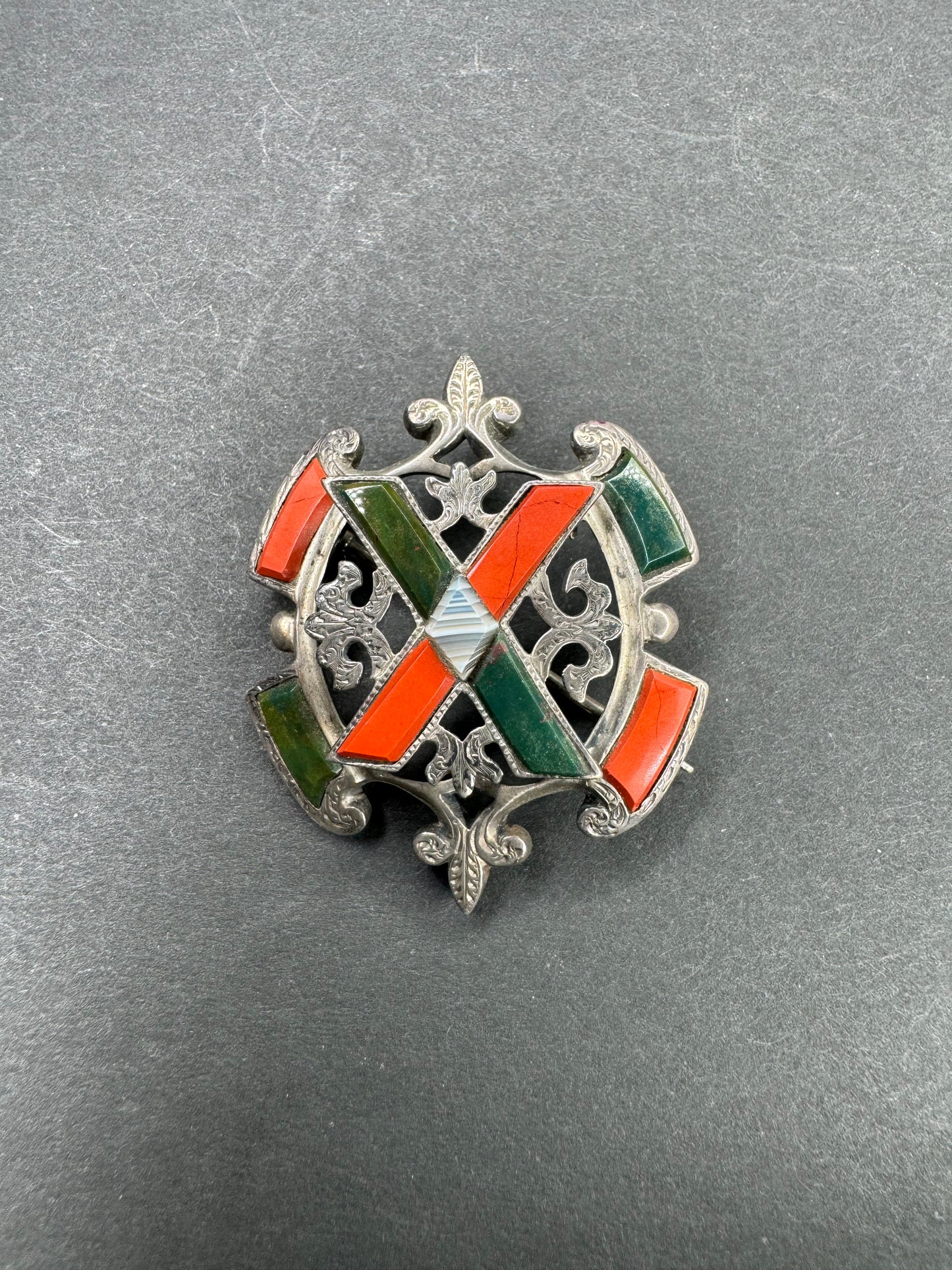 Scottish Sterling Brooch Set With Bloodstone, Jasper and Agate