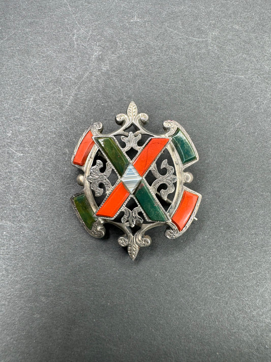 Scottish Sterling Brooch Set With Bloodstone, Jasper and Agate