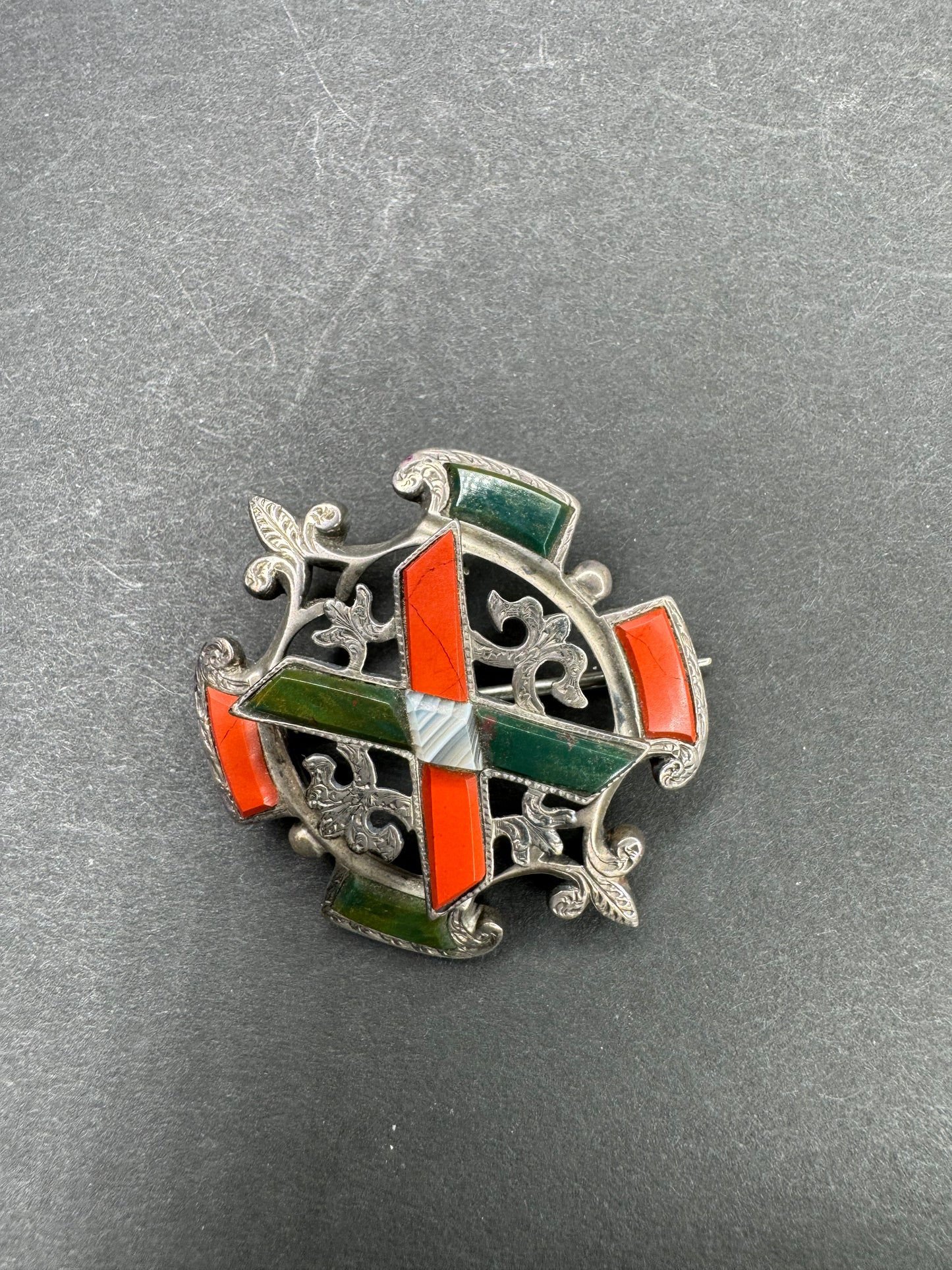 Scottish Sterling Brooch Set With Bloodstone, Jasper and Agate