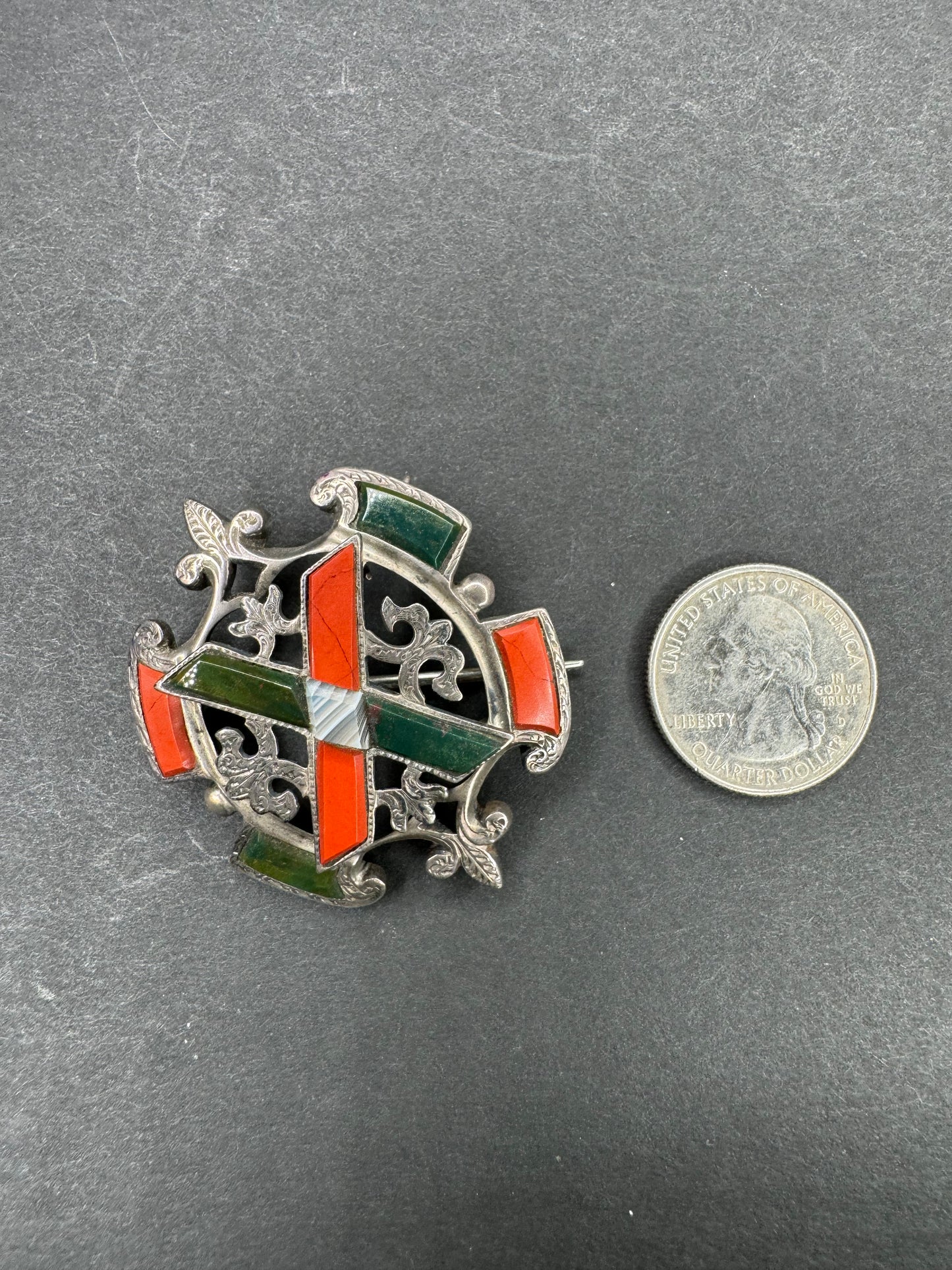 Scottish Sterling Brooch Set With Bloodstone, Jasper and Agate