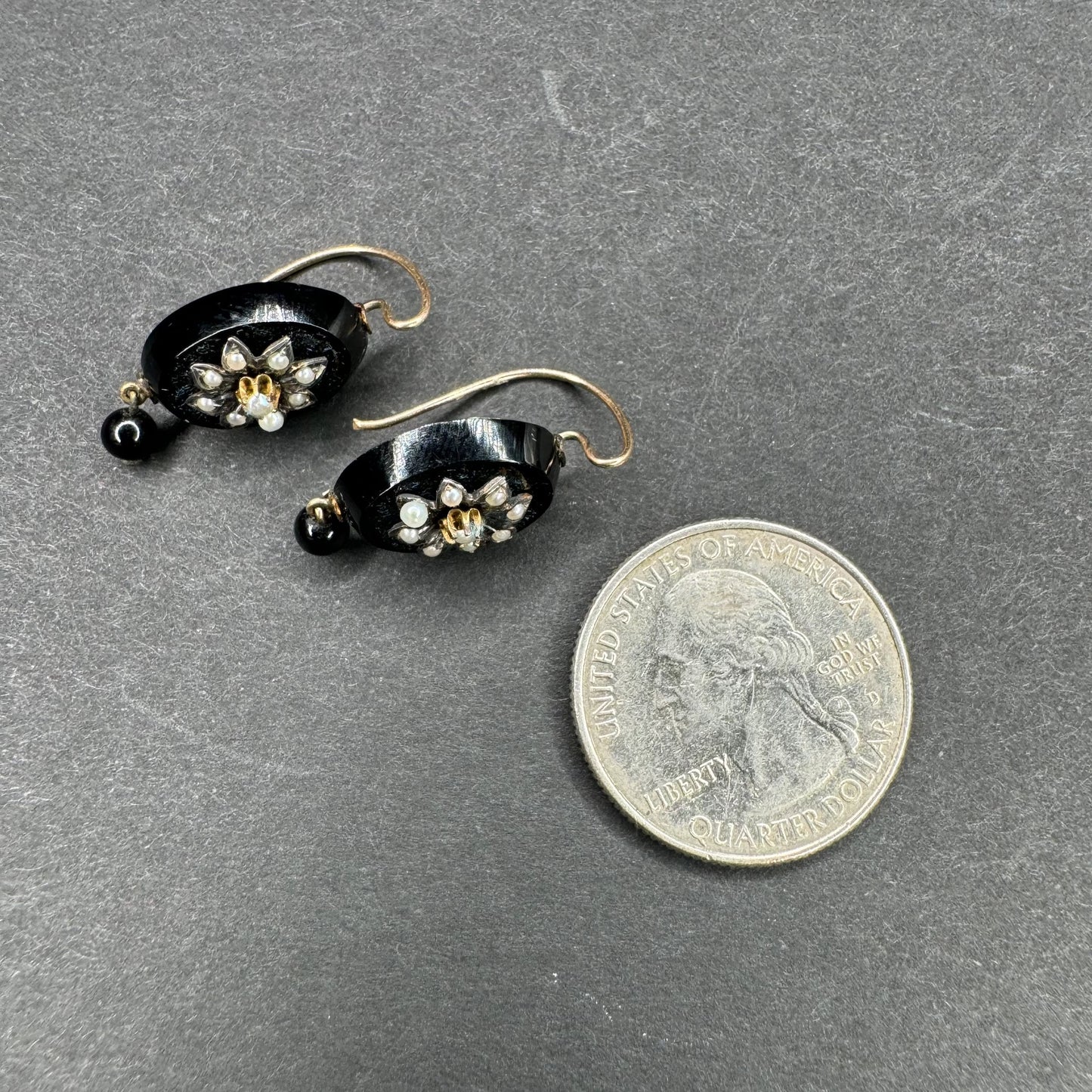 14k Circa 1880s Onyx and Seed Pearl American Mourning Earrings