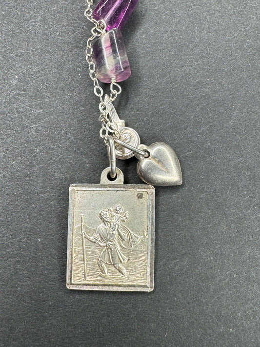 Sterling St. Christopher, Heart and Key Charms on Fluorite and Sterling Necklace