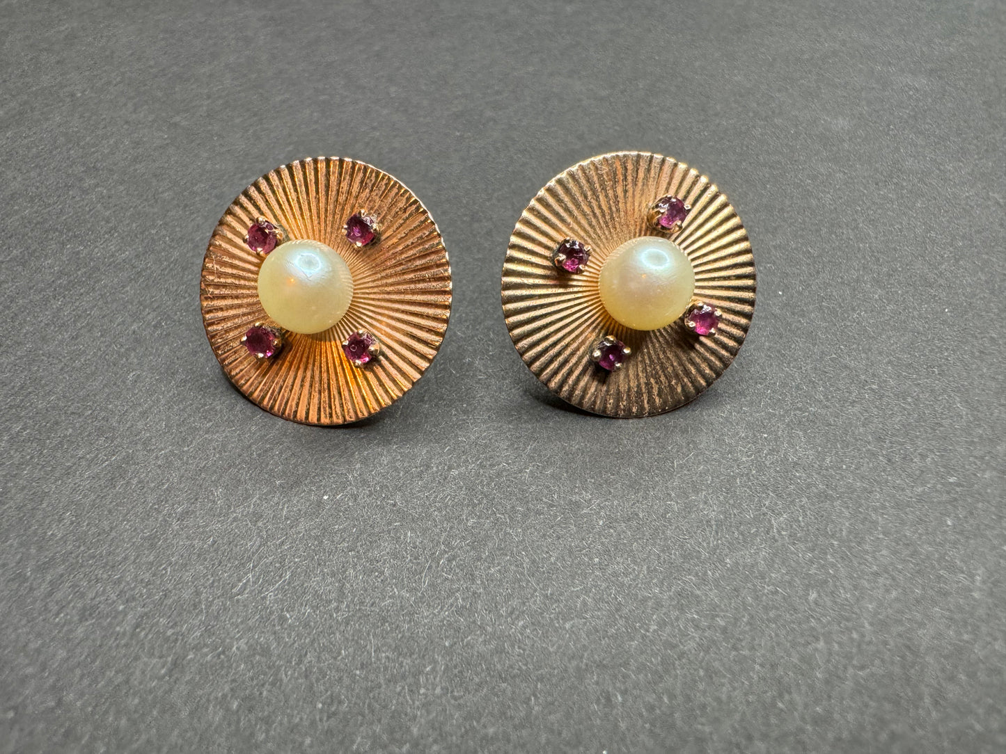 Retro 14k Rose Gold Pearl & Ruby Machine Turned Earrings