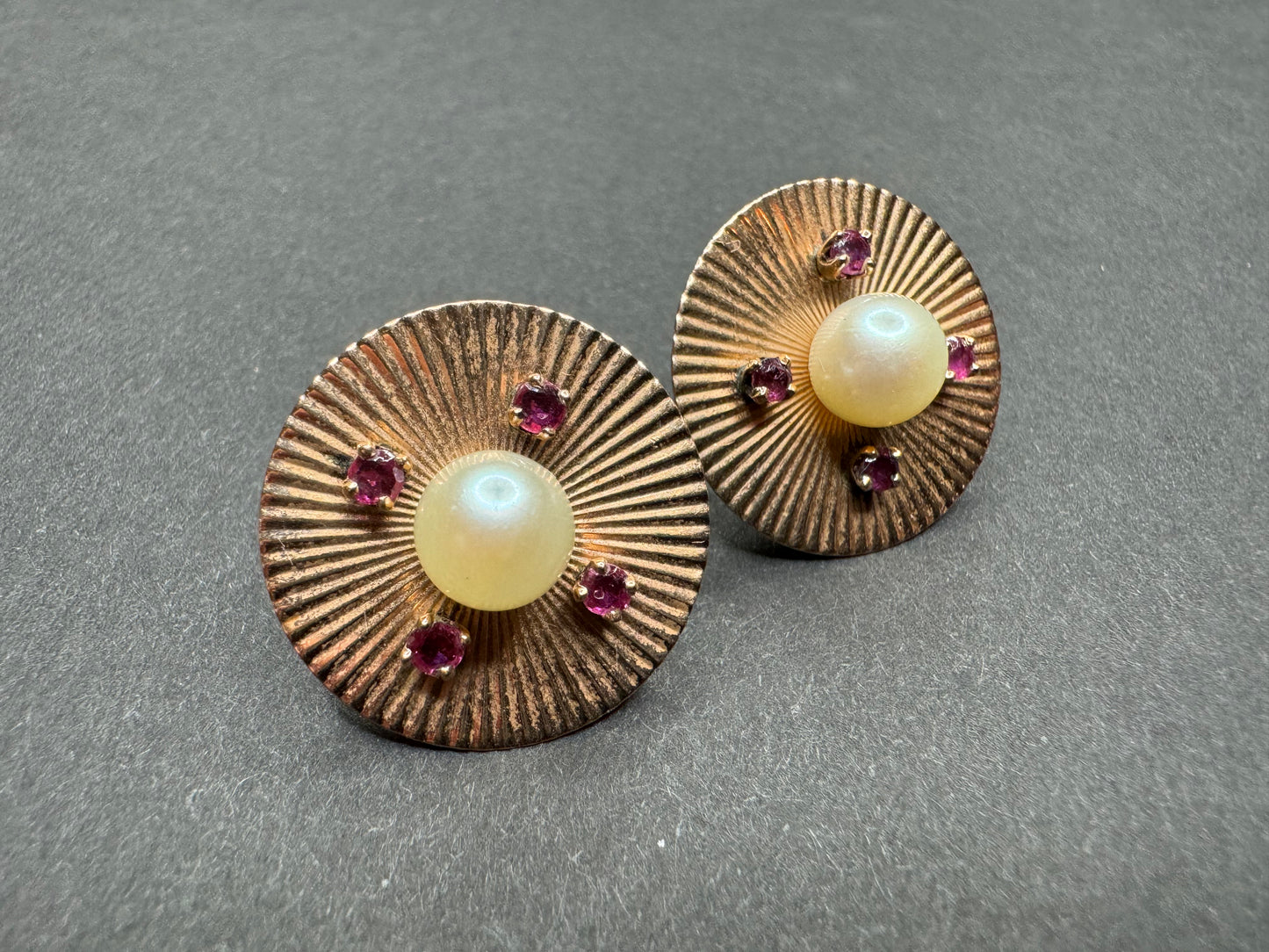 Retro 14k Rose Gold Pearl & Ruby Machine Turned Earrings