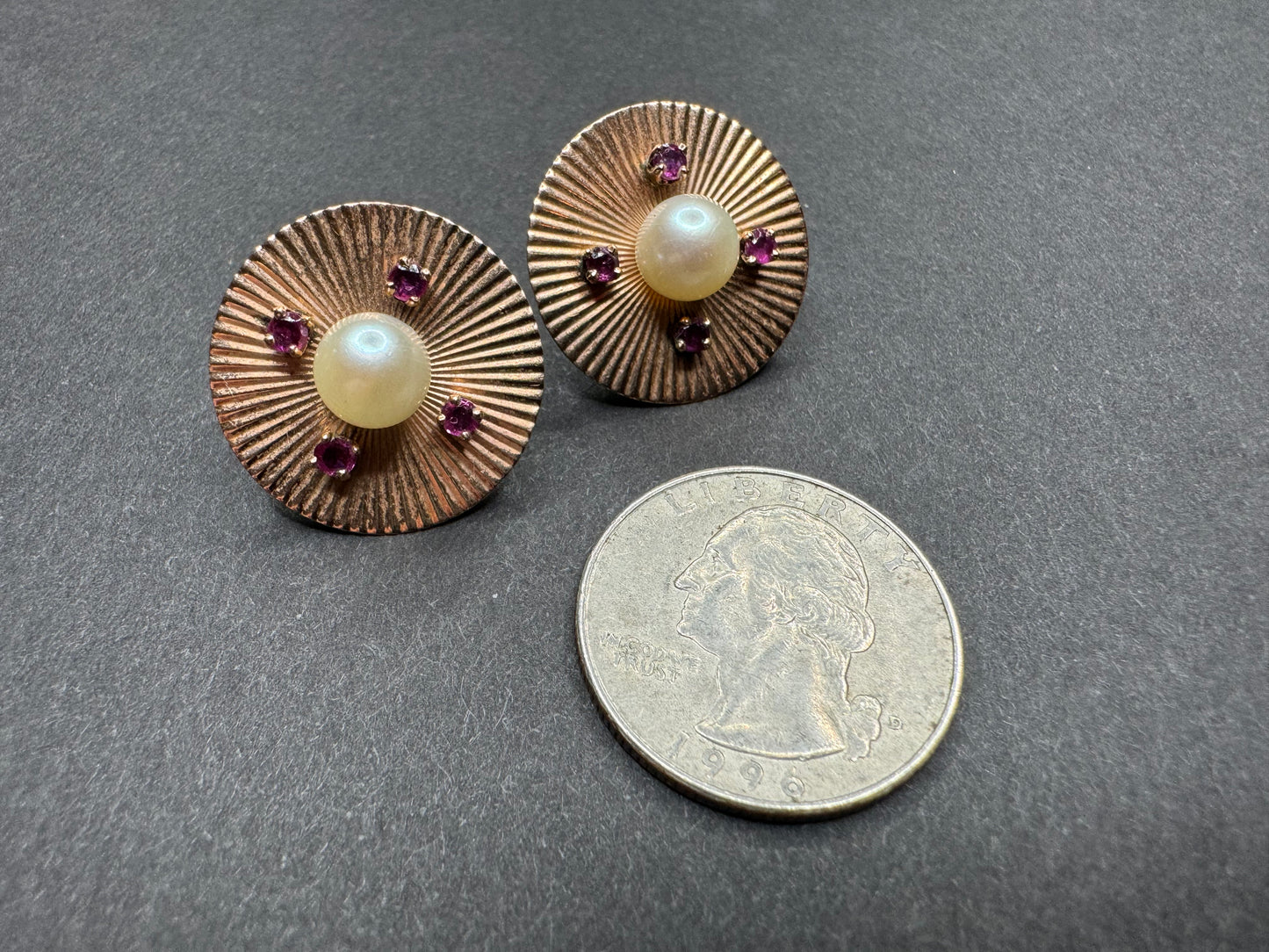 Retro 14k Rose Gold Pearl & Ruby Machine Turned Earrings