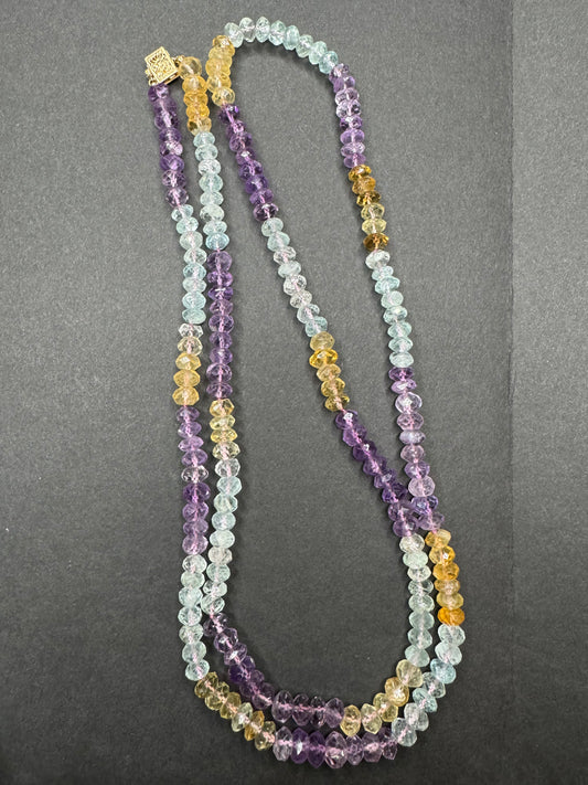 Long Faceted Fluorite Knotted Necklace with 14k Clasp