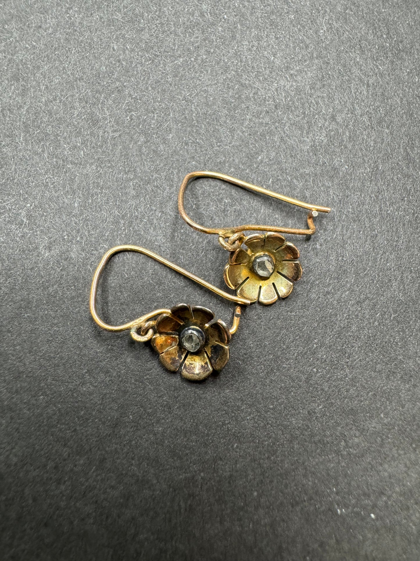 1915 14k Diamond Flower Drop Earrings