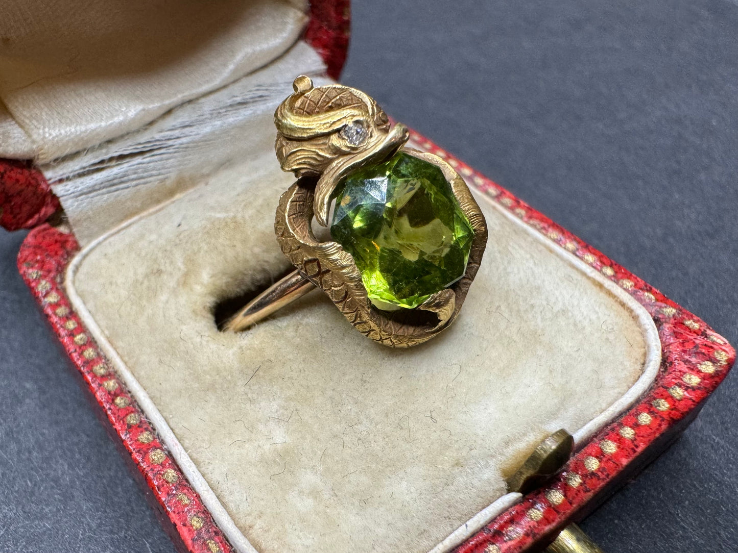 14k Peridot Water Serpent Ring with Diamond Eye