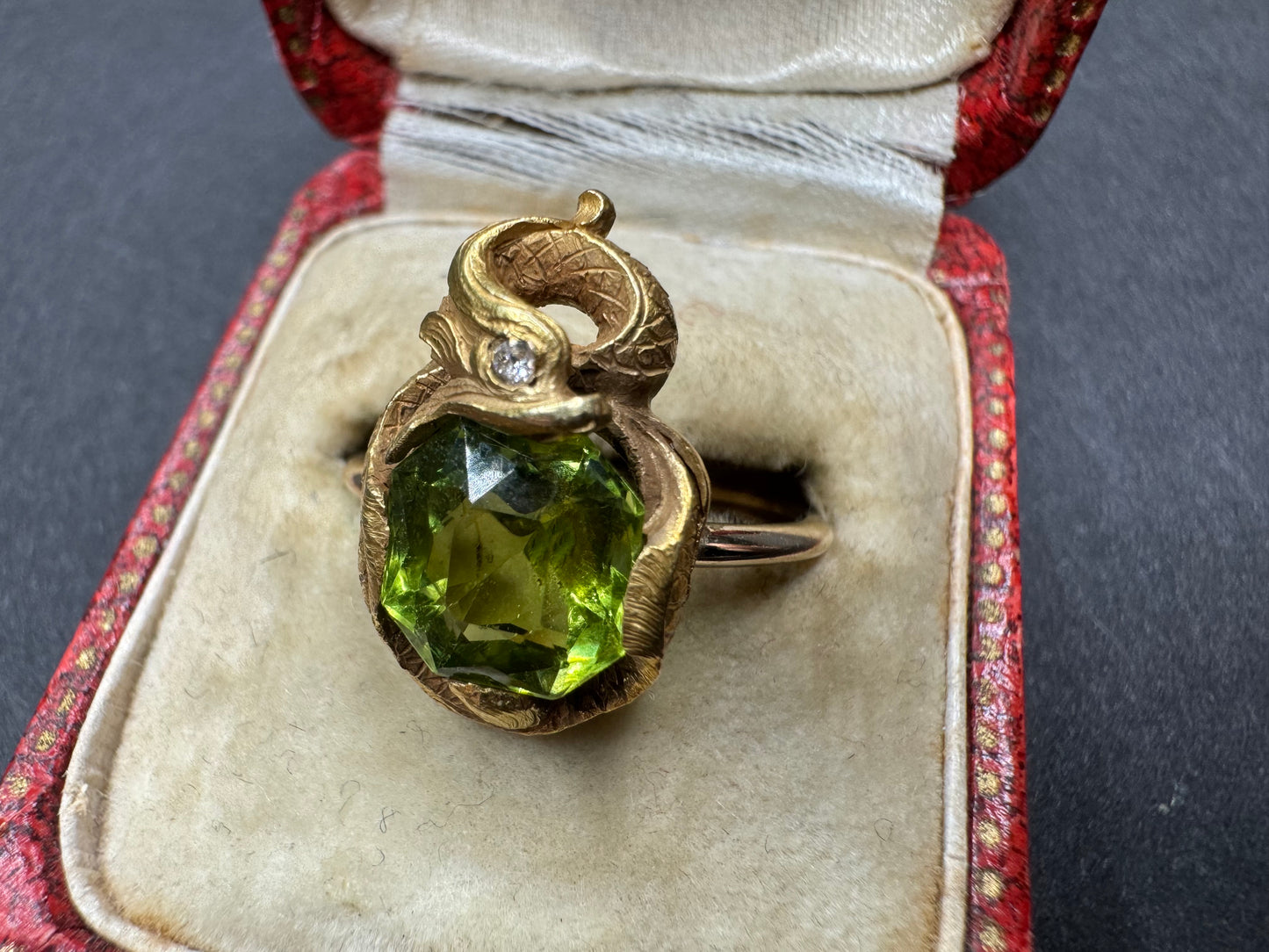 14k Peridot Water Serpent Ring with Diamond Eye