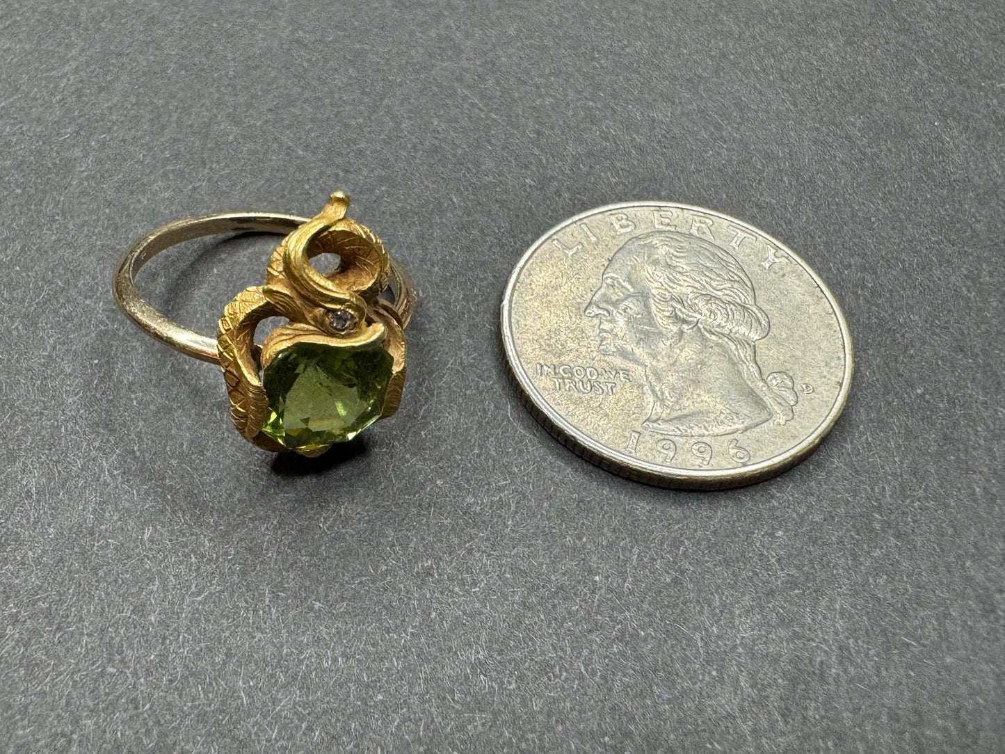 14k Peridot Water Serpent Ring with Diamond Eye