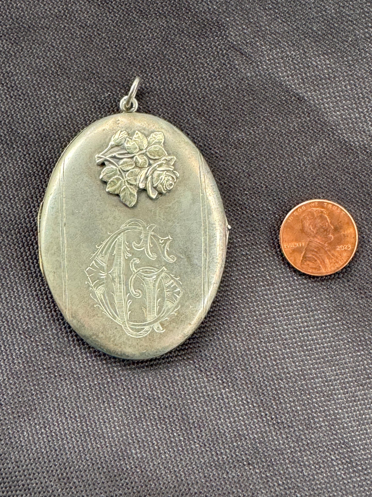 Large Engraved German Sterling Locket with Rose Detail