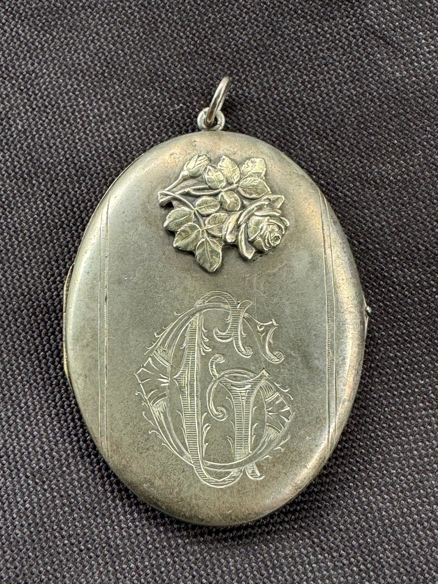 Large Engraved German Sterling Locket with Rose Detail