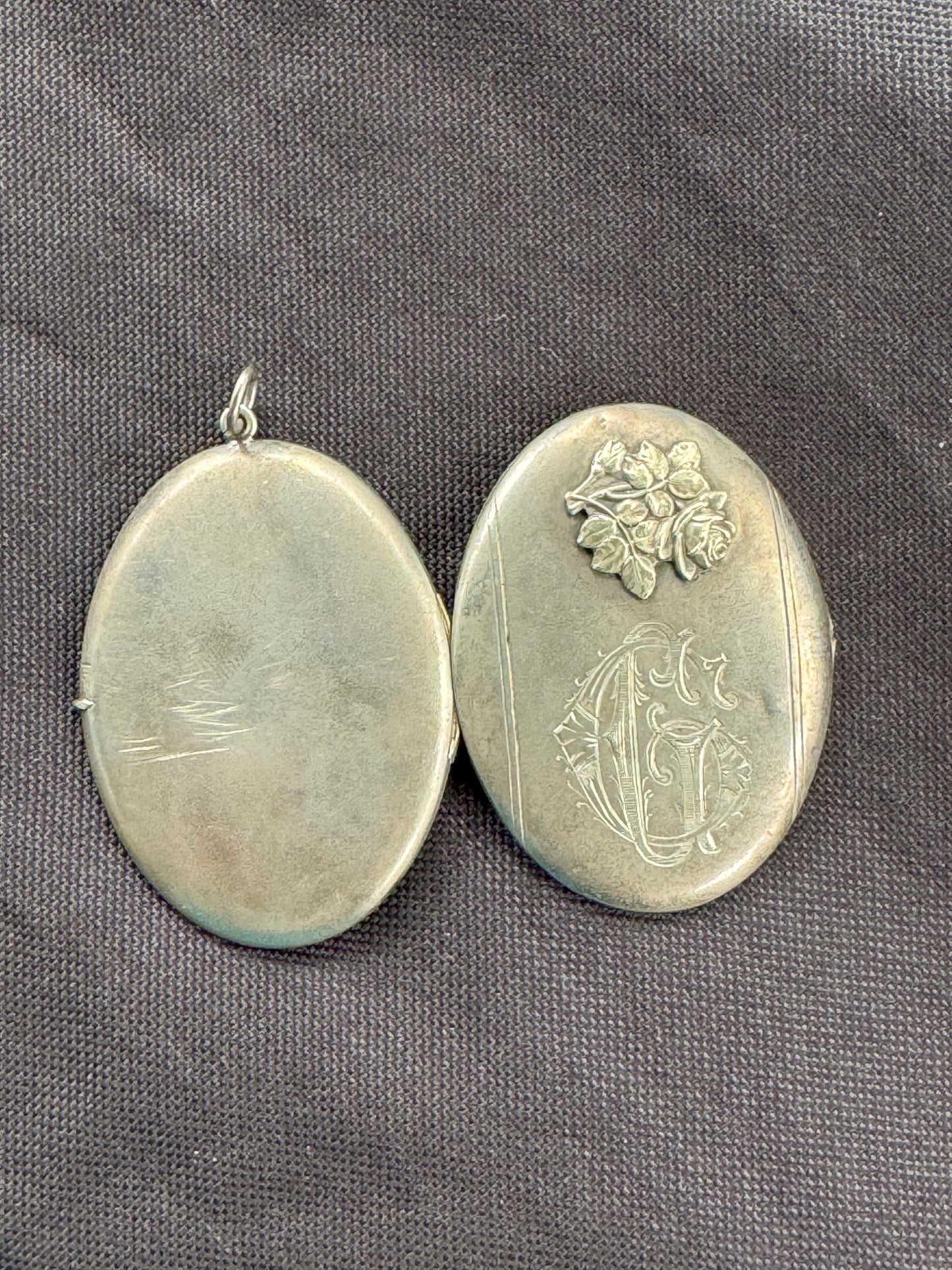 Large Engraved German Sterling Locket with Rose Detail