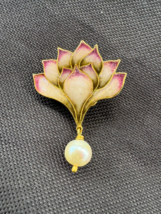 18k Enamel Lotus Brooch with Pearl