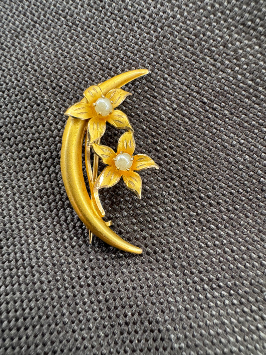 14k Crescent Brooch with Seed Pearl Flowers