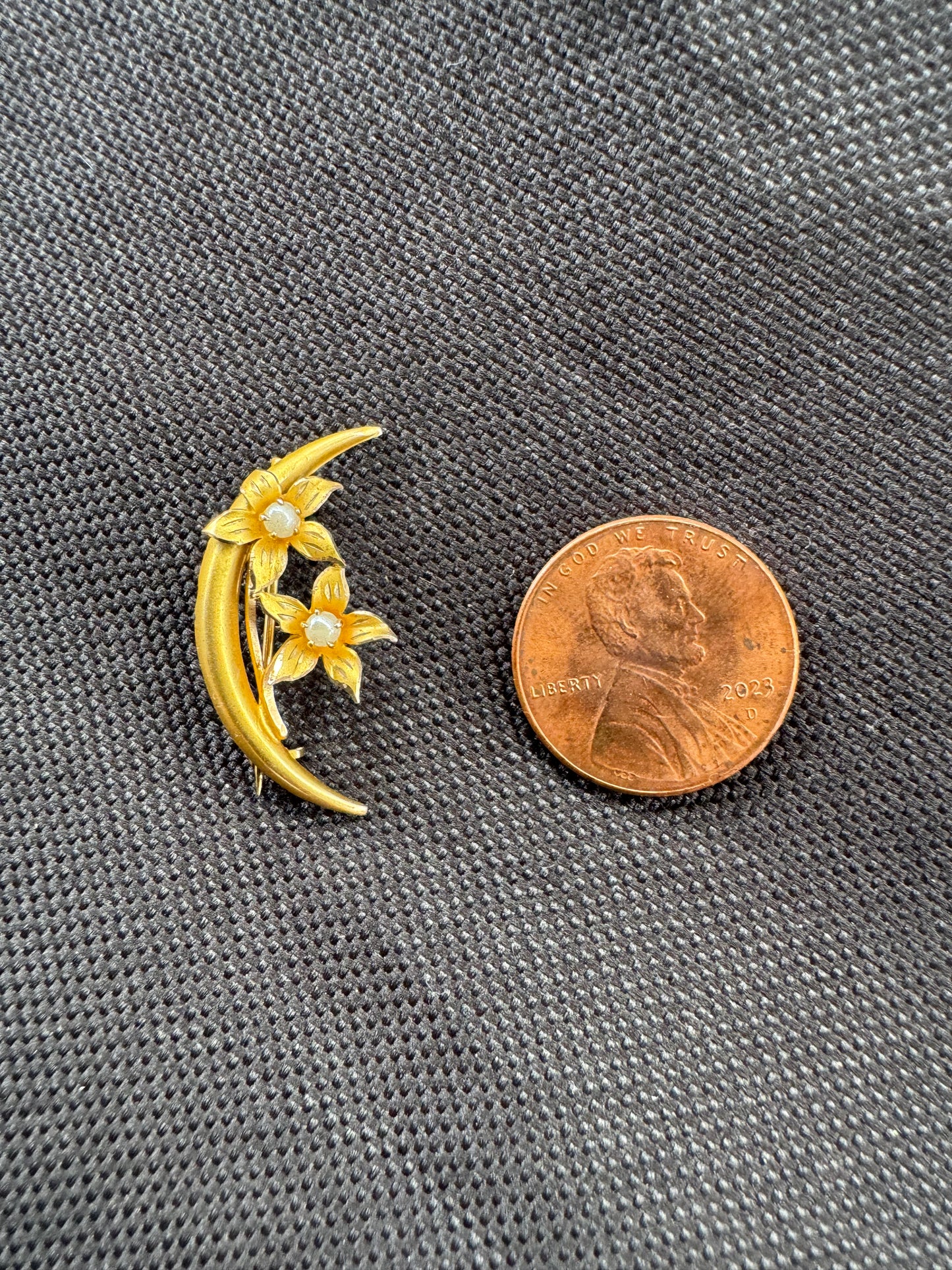 14k Crescent Brooch with Seed Pearl Flowers