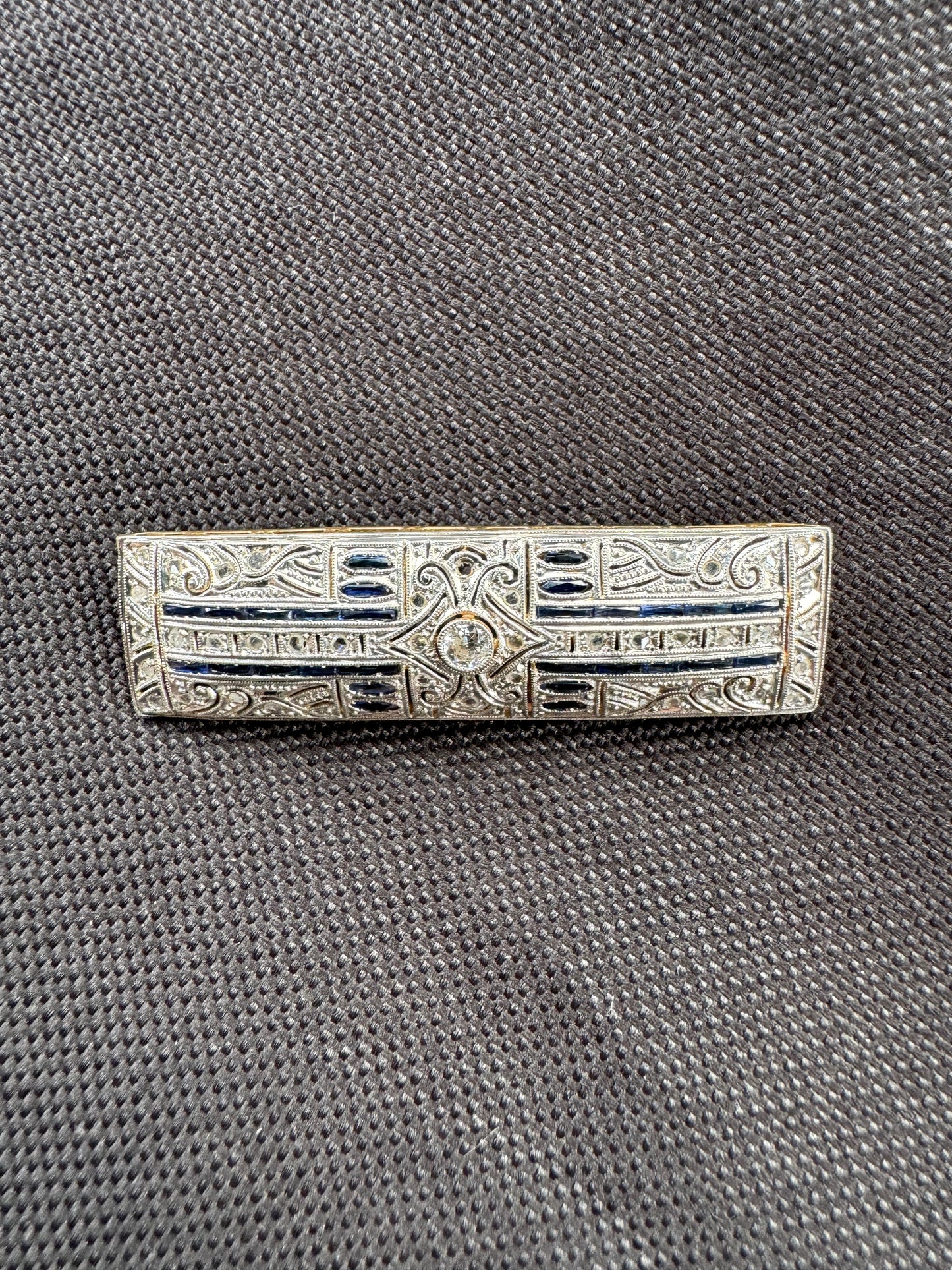 18k French Sapphire and Diamond Filigree Brooch