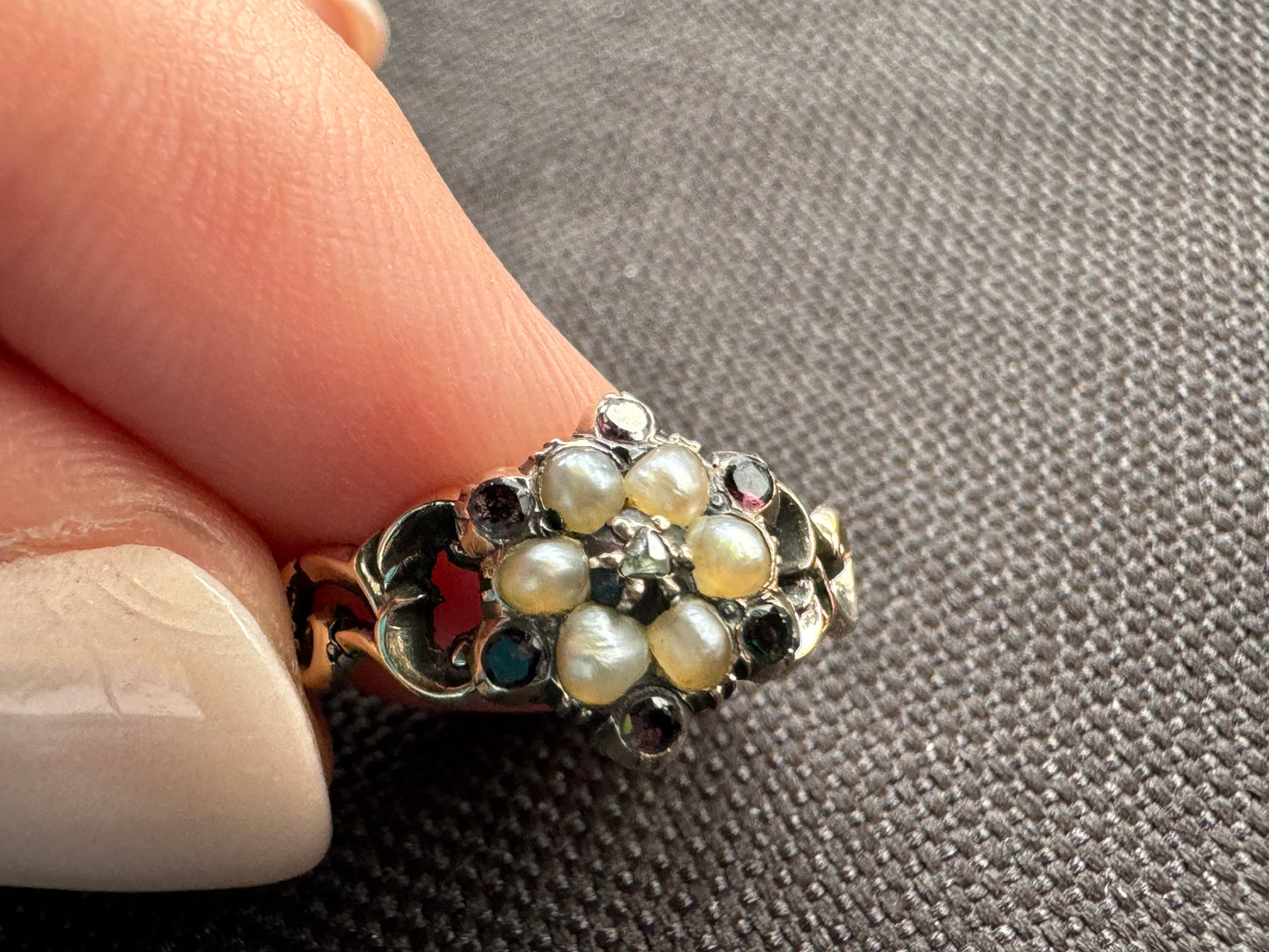 15k Diamond, Garnet and Pearl Flower Mourning Ring