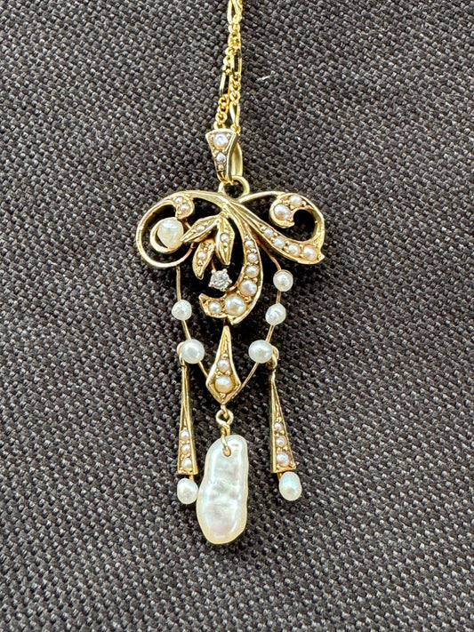 14k Art Nouveau Seed Pearl and Dog Tooth Pearl Pendant