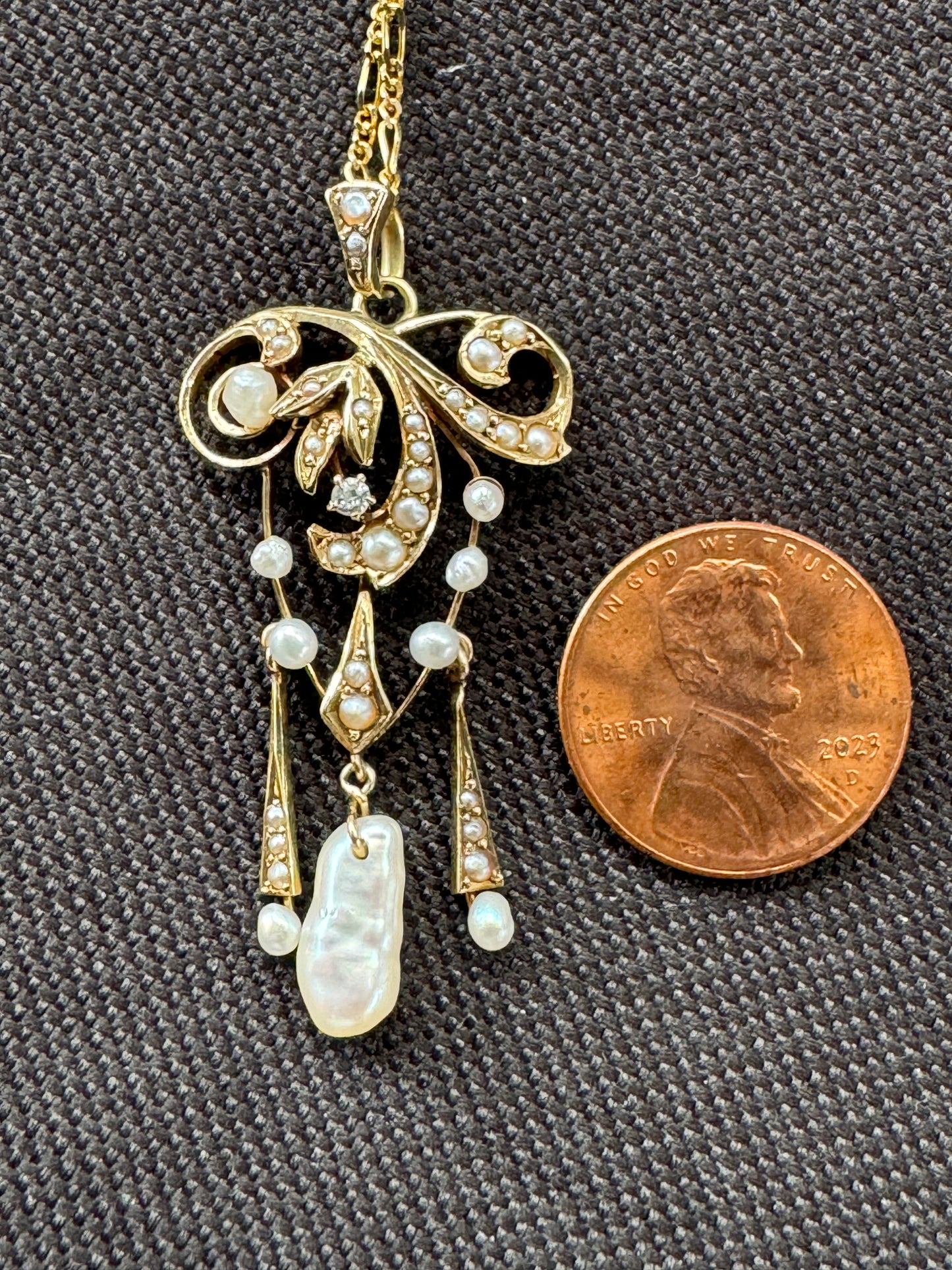 14k Art Nouveau Seed Pearl and Dog Tooth Pearl Pendant