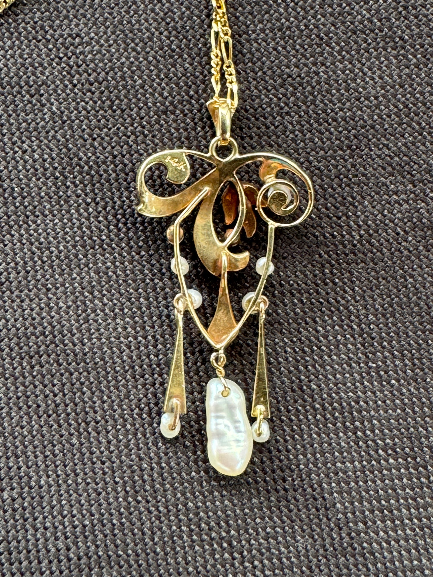 14k Art Nouveau Seed Pearl and Dog Tooth Pearl Pendant