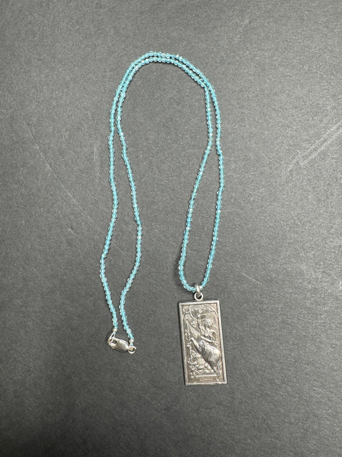 French Aquamarine and Sterling Centaur and Star Necklace