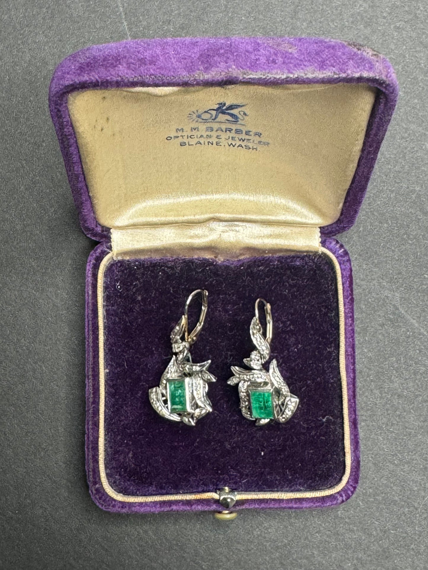 14k White Gold 1940s Emerald and Diamond Lever Back Earrings