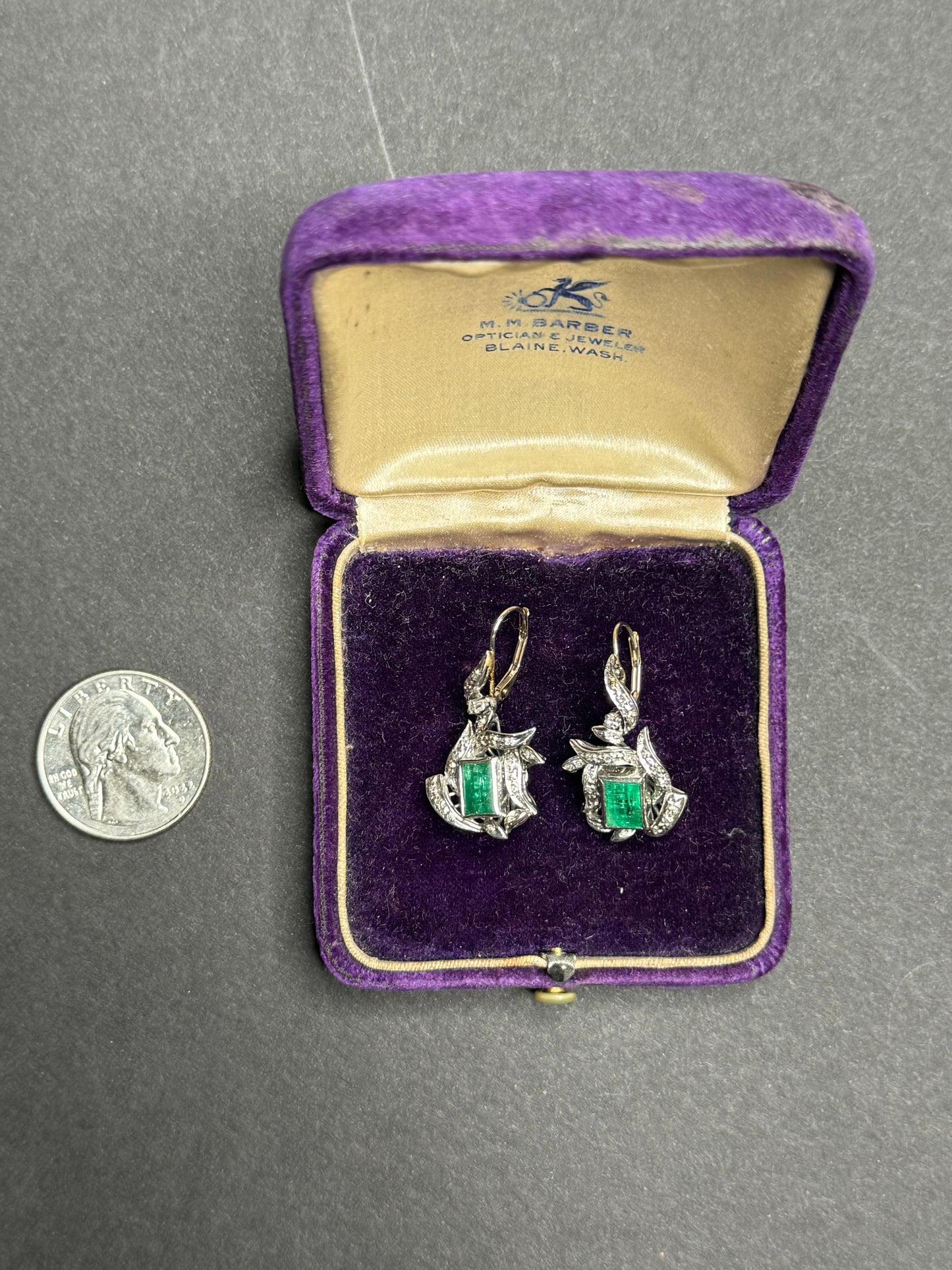 14k White Gold 1940s Emerald and Diamond Lever Back Earrings