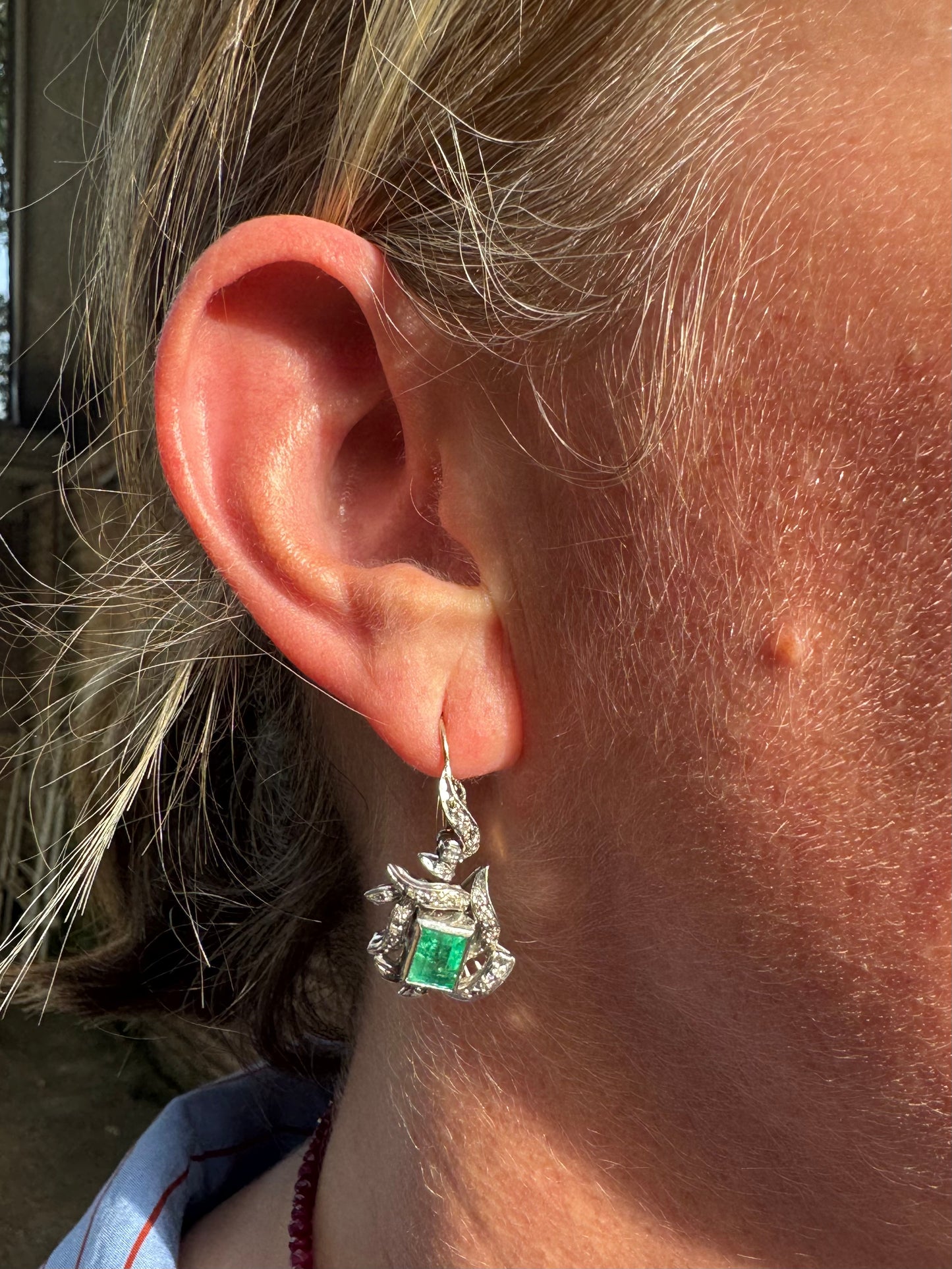 14k White Gold 1940s Emerald and Diamond Lever Back Earrings