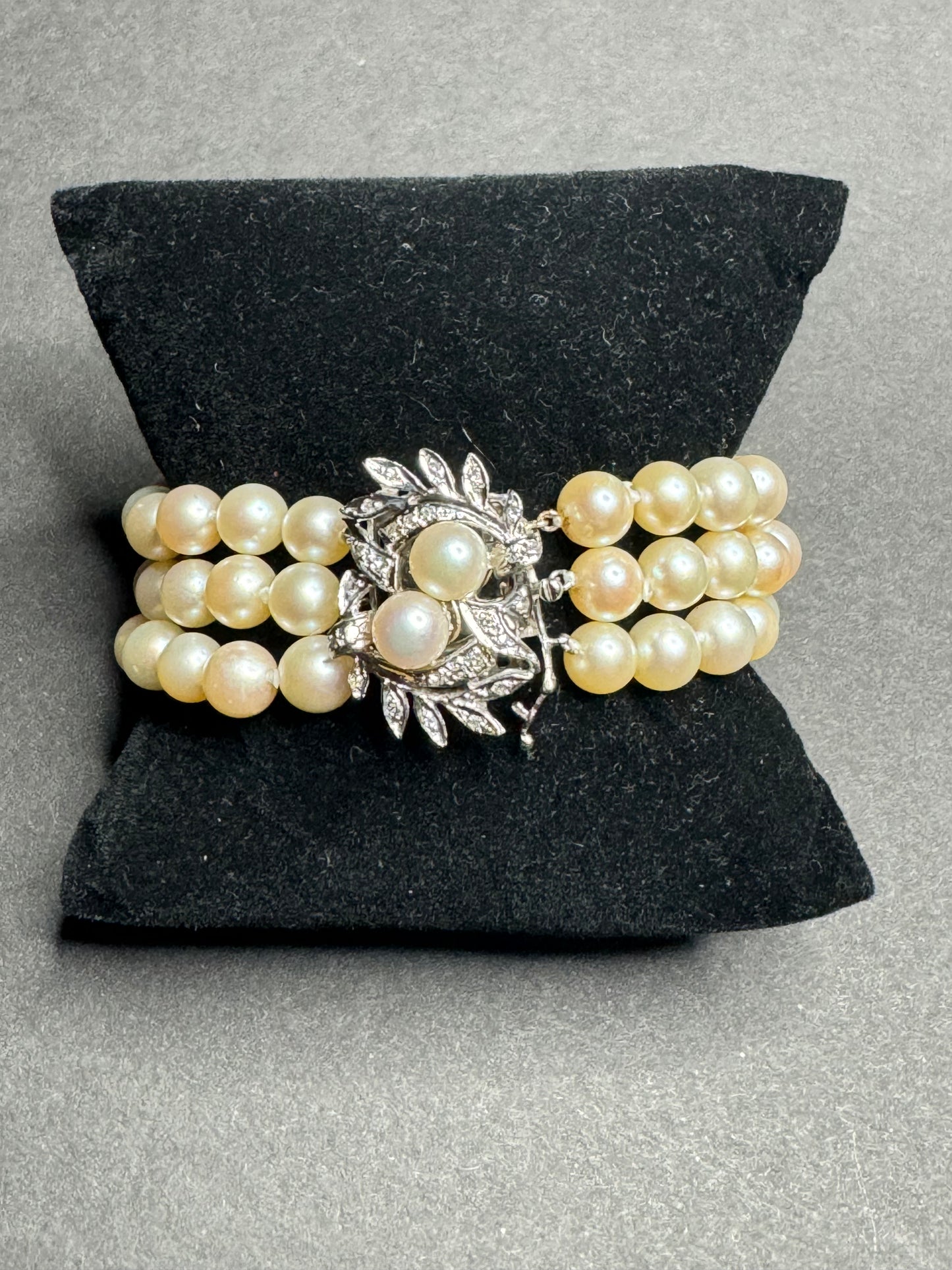 14k Three Strand Diamond and Pearl Bracelet